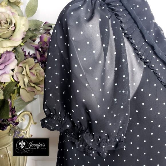 3/$25 Apt. 9 Black and White Sheer Pleated Ruffle Polka Dot Blouse - Picture 7 of 13